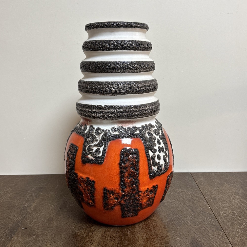 West German Fat Lava Vase – 40cm Tall - MCM Retro Orange and Black Vase