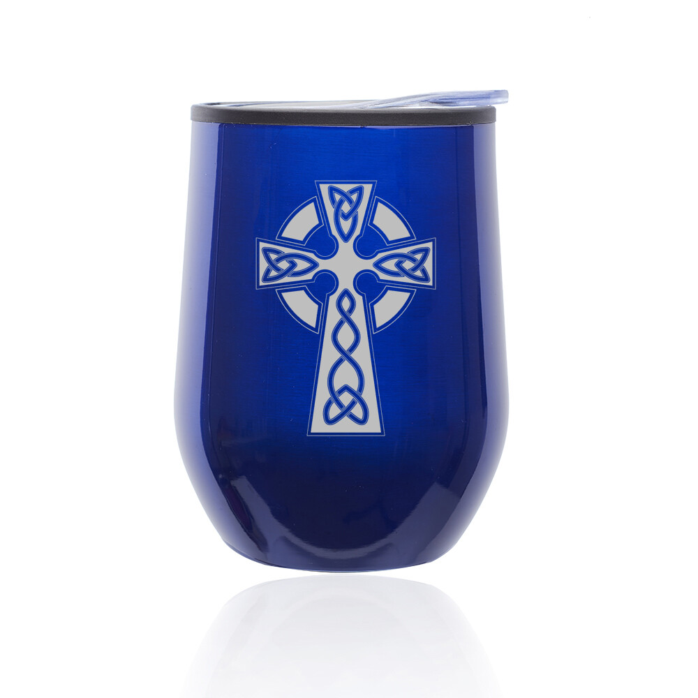 Stemless Wine Tumbler Coffee Travel Mug Glass Cup w/ Lid Celtic Cross