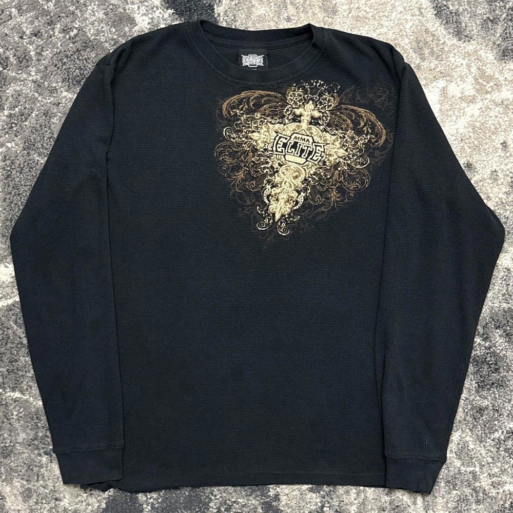 MMA Elite Shirt Mens Large Y2K Cross Wings Thermal Long Sleeve Grunge 2000s UFC