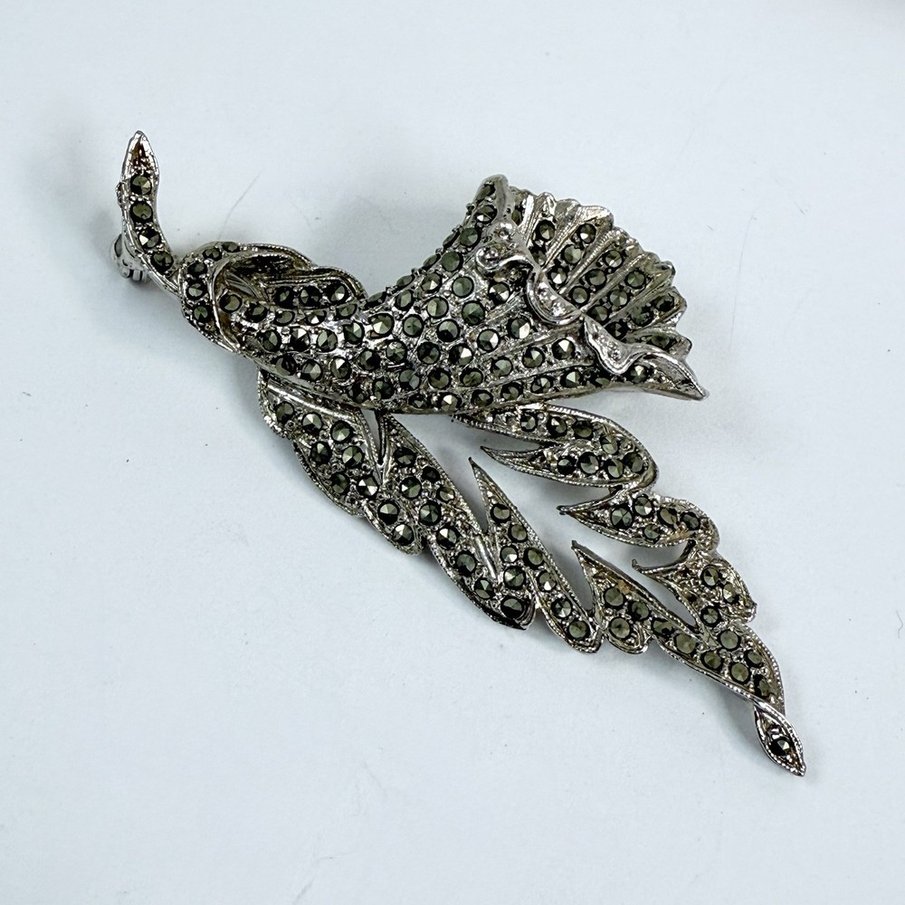 Vintage Marcasite Silver Tone Floral Flower Brooch Pin