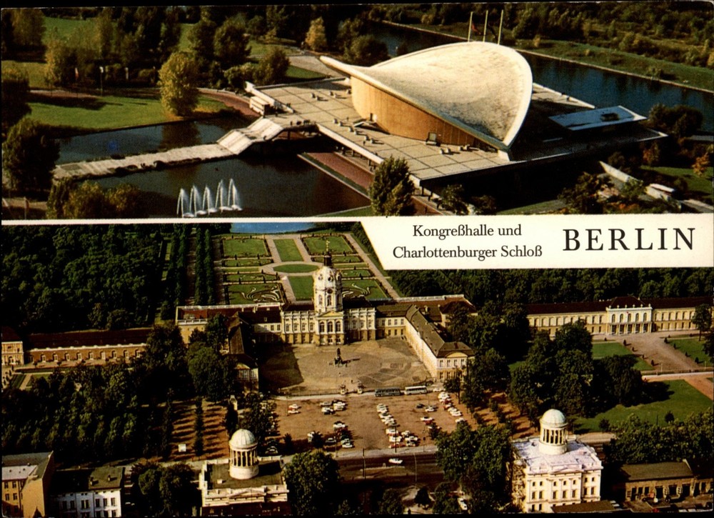 Kongresshalle and Charlottenburger Schloss Berlin aerial view vtg postcard z252