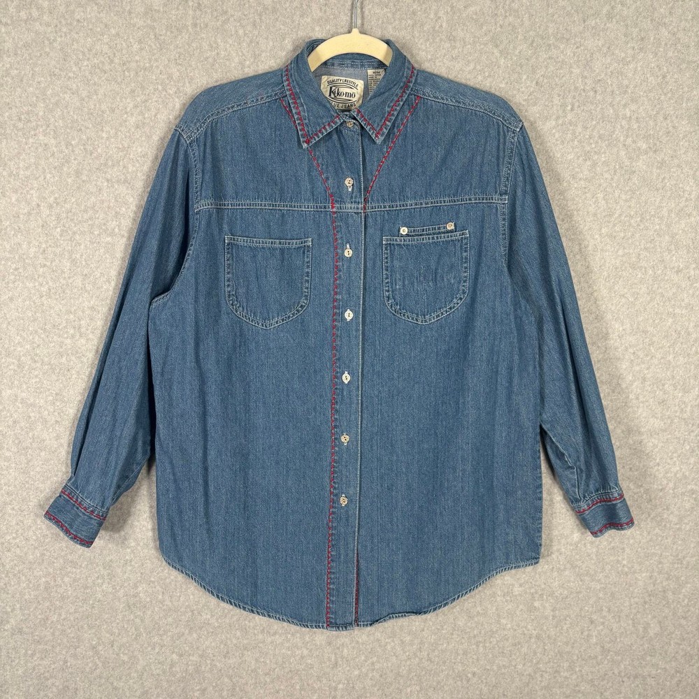 Kikomo Shirt Womens Medium Denim Jean Button Stitch Granny Meemaw Western 90s