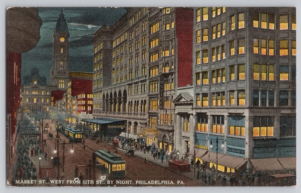 Market Street Philadelphia PA Night Scene Street View Trolleys Antique Postcard
