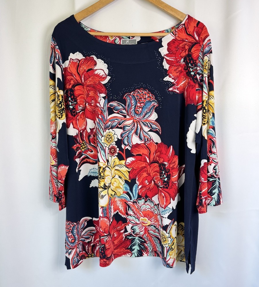 Jm Collection Woman Plus 2X Blue Floral Tunic Top Rhinestones Stretch Knit Shirt
