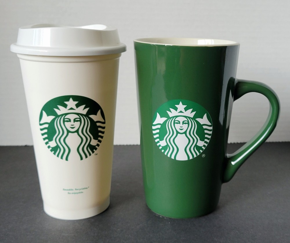 Starbucks Green Ceramic Travel Mug And White Plastic Tumbler Cup With Lid
