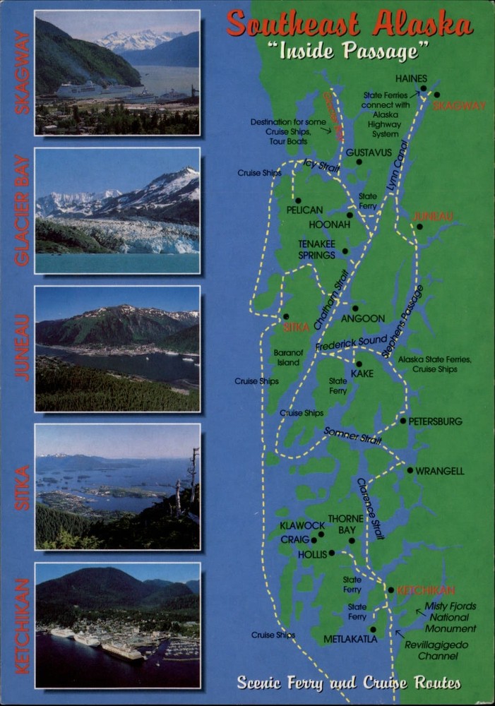 Sitka Alaska aerial Inside Passage Ferry & Cruise Routes unused vintage postcard