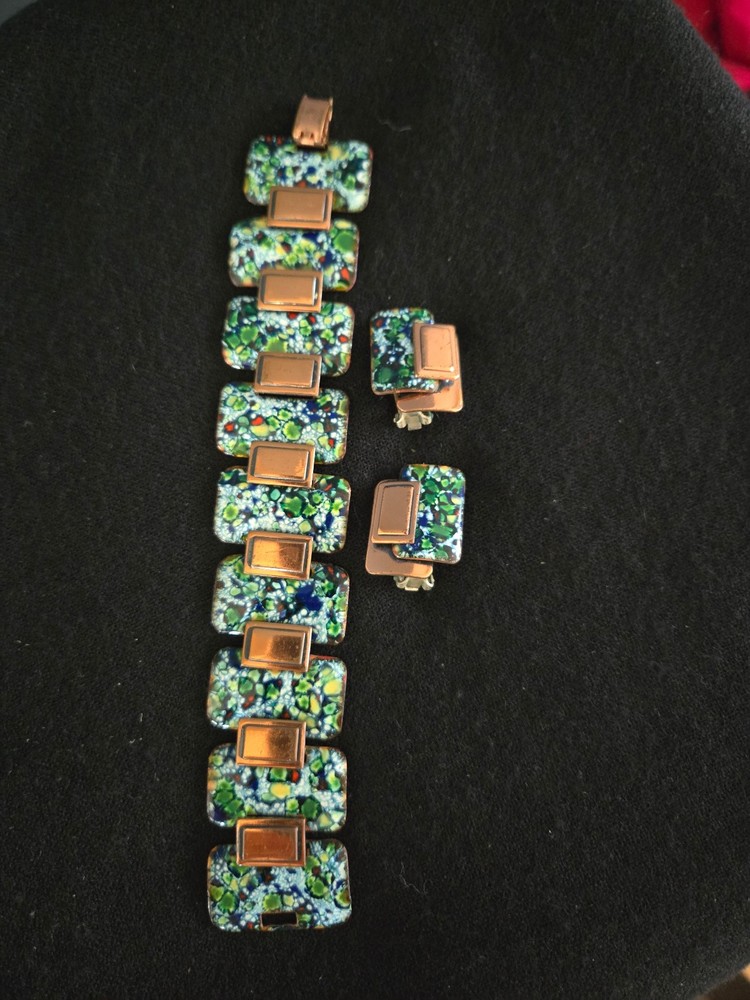 Vintage Matisse Renoir Copper Enamel Bracelet Earrings Set Confetti Signed