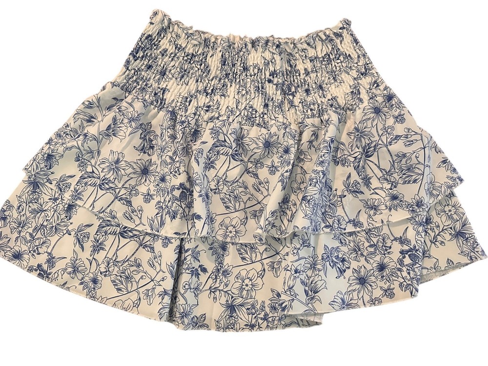 White and blue floral ruffled layered smocked skirt