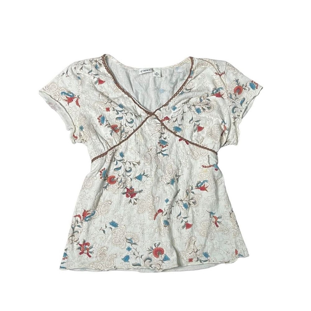 Cato Womens Floral V-Neck Peasant Blouse Short Sleeve Top Medium