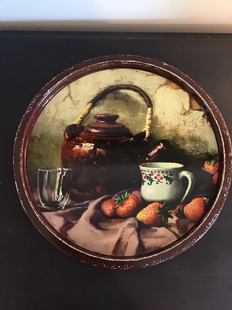 Vintage Metal Tray with Teapot Teacup and Strawberries Design  