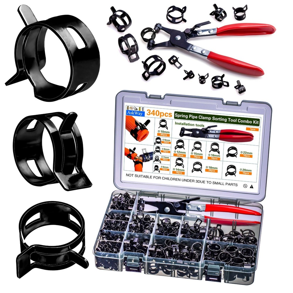 340pcs Spring Pipe Clamps with Tool Kit - 12 Sizes (6-22mm) for Secure Hose Fastening