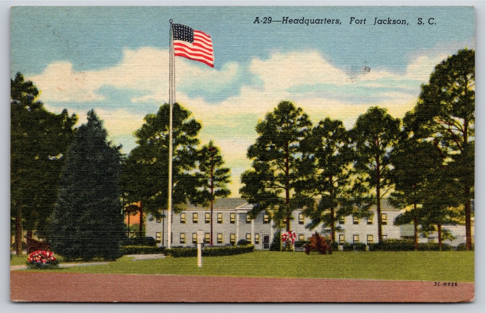 Fort Jackson South Carolina~HQ Building & US Flag~Vintage Linen Postcard