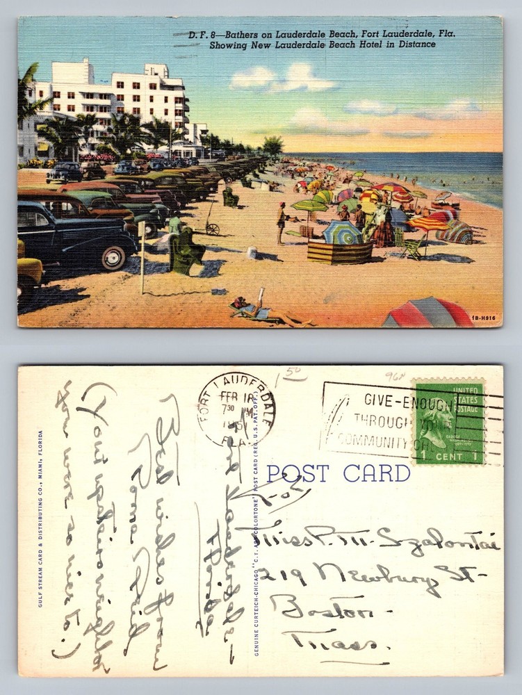 Fort Lauderdale, FL-Florida, Bathers on Beach Hotel PC Vintage c1945 Postcard