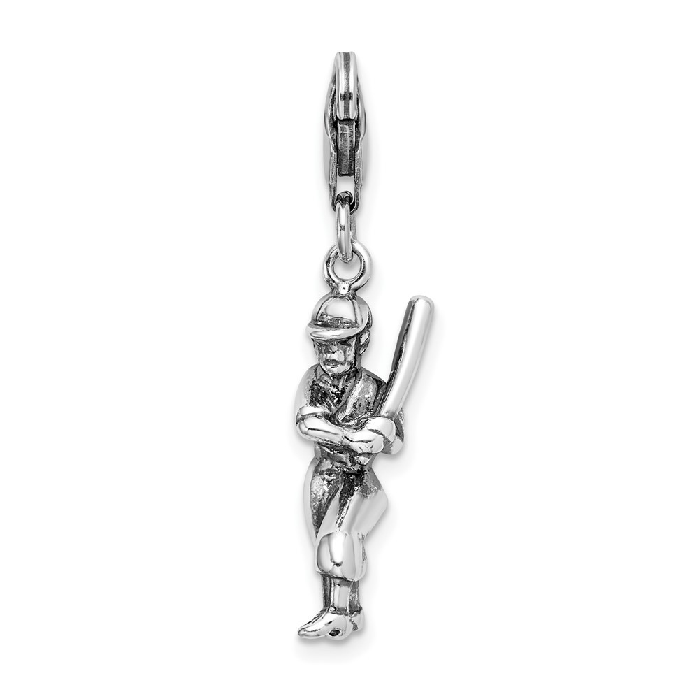 Sterling Silver Polished 3-D Antiqued Baseball Player Charm Pendant 2.77gm