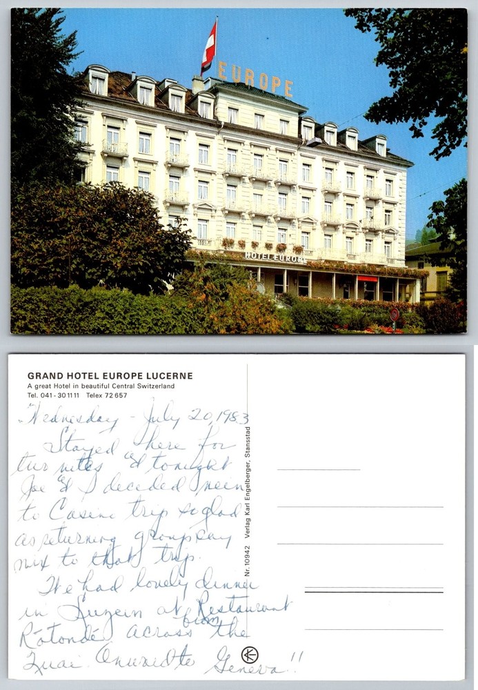 Grand Hotel Europe Lucerne Switzerland 1983 Vintage Postcard