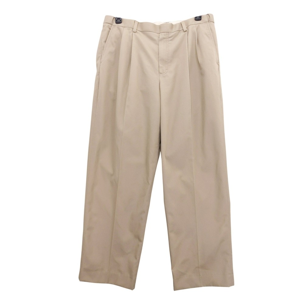 LL Bean Chino Pants Mens 36 Tan Double Pleat Comfort Waist Cotton Straight Leg