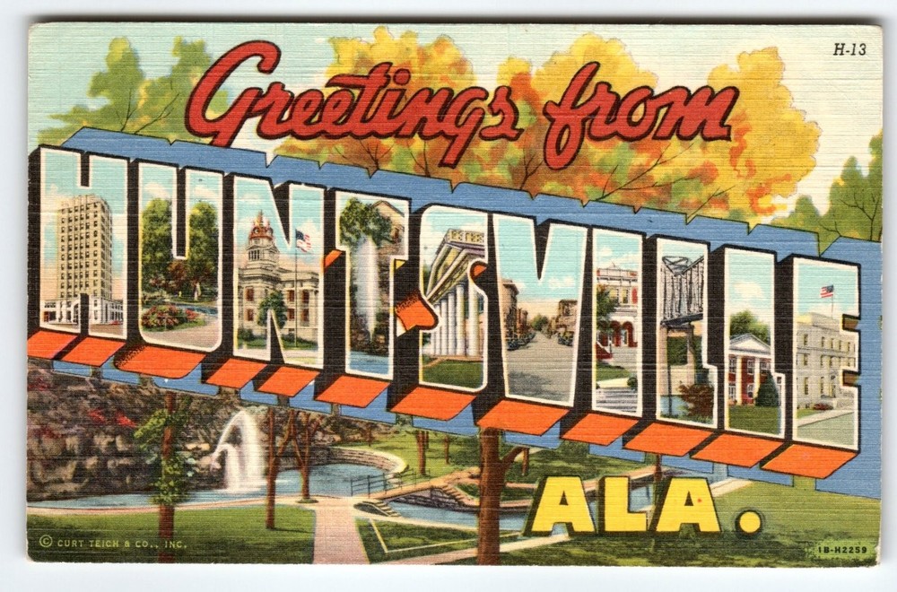 Vintage Linen 'Greetings from Huntsville Ala.' Large Letter Postcard Curt Teich