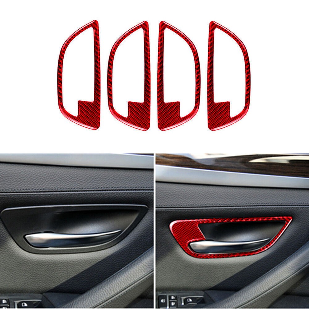 4x Red Carbon Fiber Door Handle Frame Cover Trim For BMW 5 Series F10 2011-2017