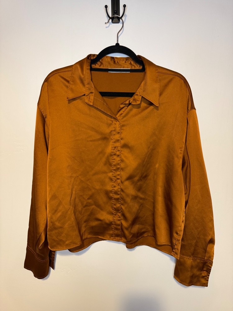 ABERCROMBIE Long Sleeve Satin Button Up Shirt Burnt Orange Copper Sz Medium