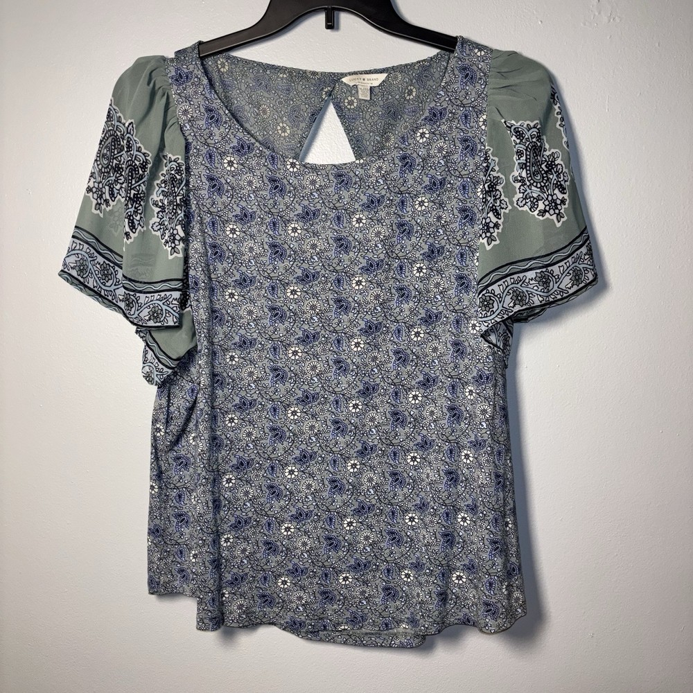 Lucky Brand Top Womens XL Mixed Print Boho Paisley Flutter Keyhole Blouse Floral