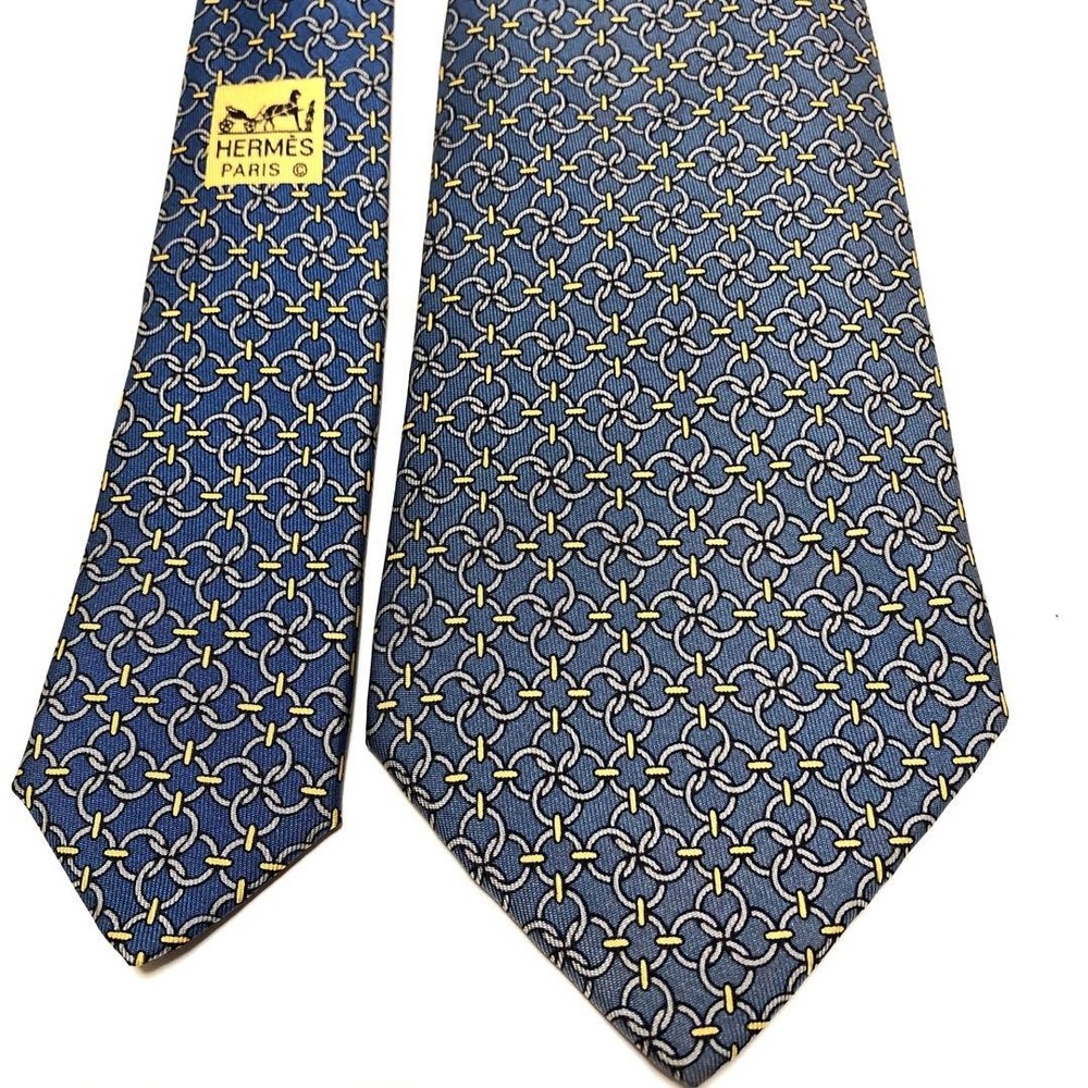 HERMES Necktie Tie Blue All over chain pattern 100% Silk Used Made in France