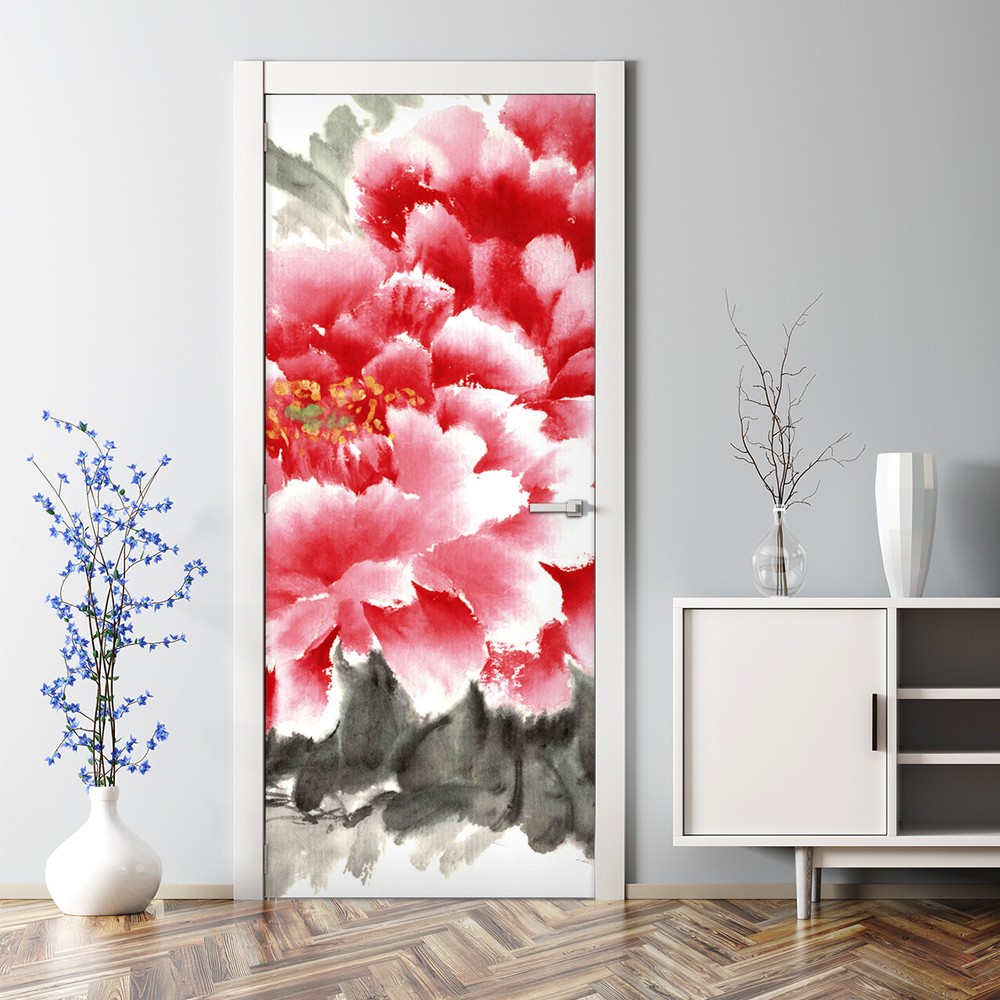 Door Decal Sticker Chinese Brush And Ink Floral Watercolour Roses Garden