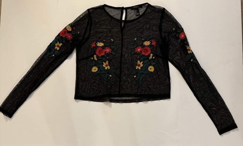 Forever 21 Crop Top Small Sheer Black Embroidered Flowers Front & Sleeves