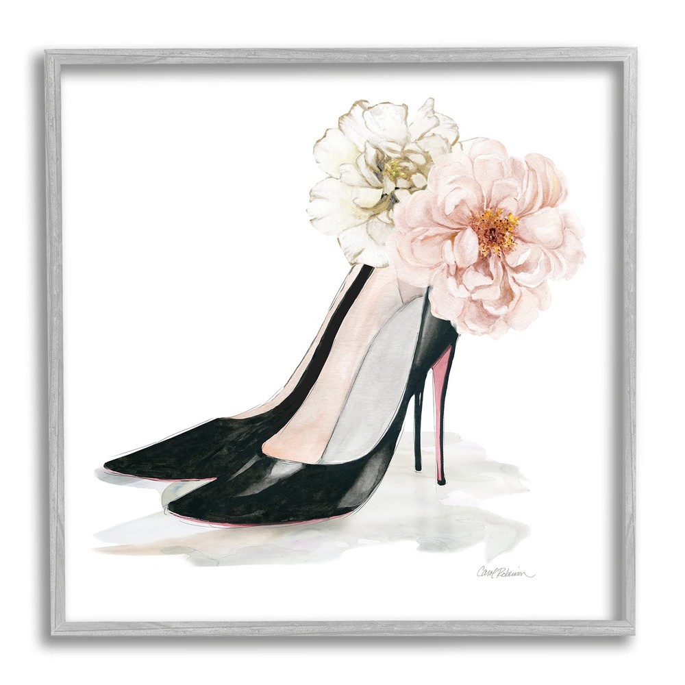 Chic Pink Floral Black Heels by Carol Robinson Gray