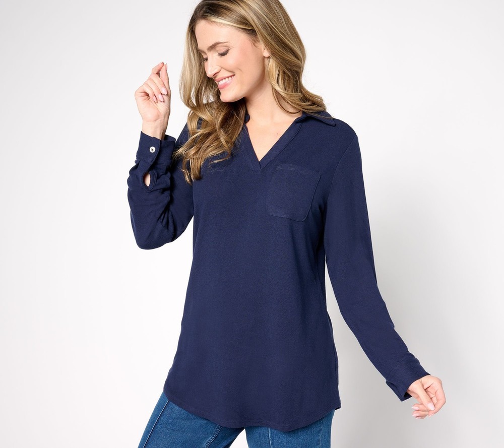 Denim & Co. Women's Top Sz M Heavenly Jersey Split Neck Long Sleeve Blue A678855