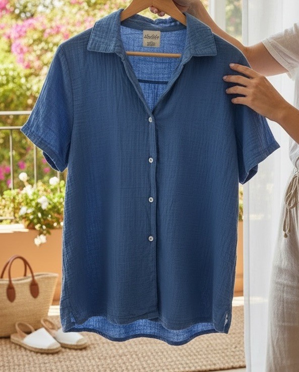 WONDERLY womens cotton gauze blue shirt collared short sleeve button up L