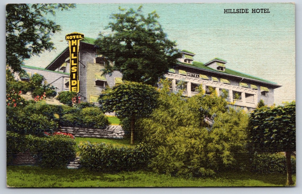 Madison Indiana~Hillside Hotel Bldg~Terraced Garden~Sign~1945 Linen Postcard