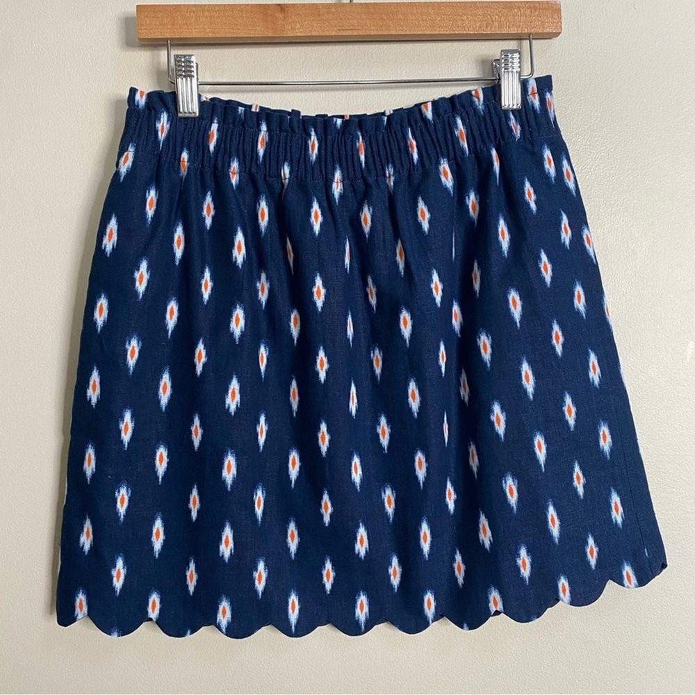 J.CREW Factory Navy Blue Ikat Print Scalloped Hem Linen Cotton Mini Skirt Size 6