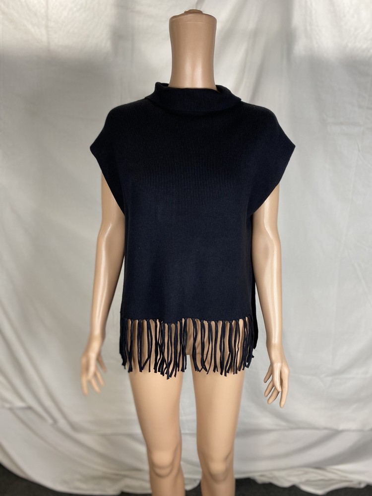 Elliott Lauren Womens Modal Knit Sleeveless Turtleneck Fringe Top Size XS Black