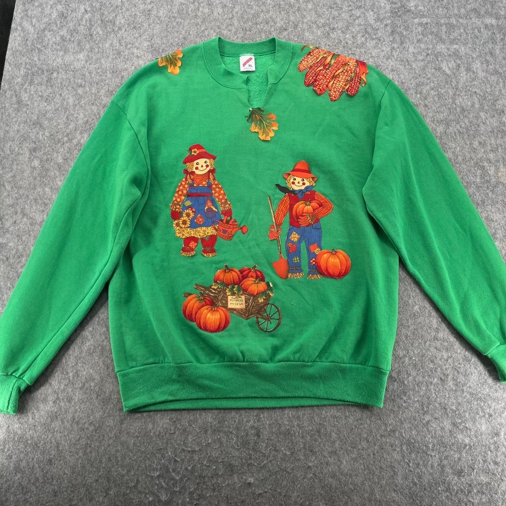 Vintage Granny Sweatshirt Womens XL Green Scarecrow Thanksgiving Fall Grandma