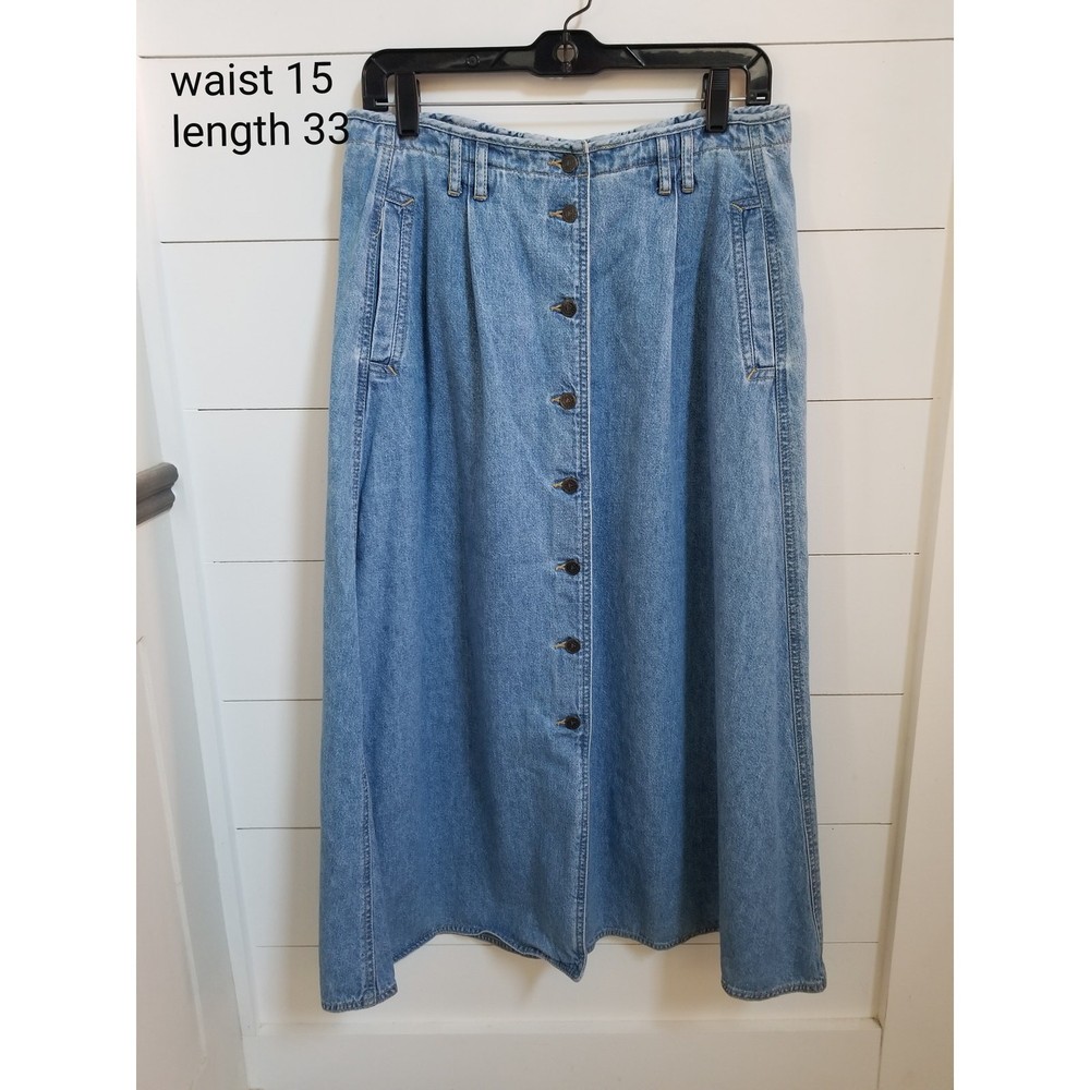Vtg Liz wear Denim Midi Skirt Button Up Size 12P Boho 90’s Western Prairie