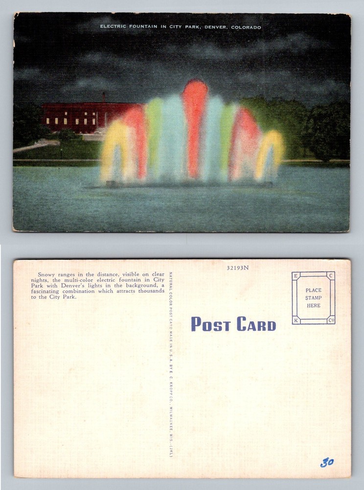 Denver, CO-Colorado, City Park Electric Fountain Night Vintage Postcard