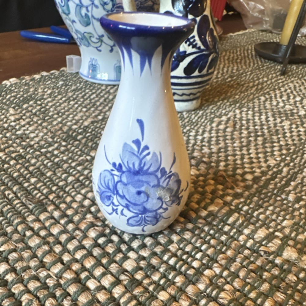 Vestal Ceramic Vase Portugal Blue White Floral Hand Painted Pottery 1980 Glossy