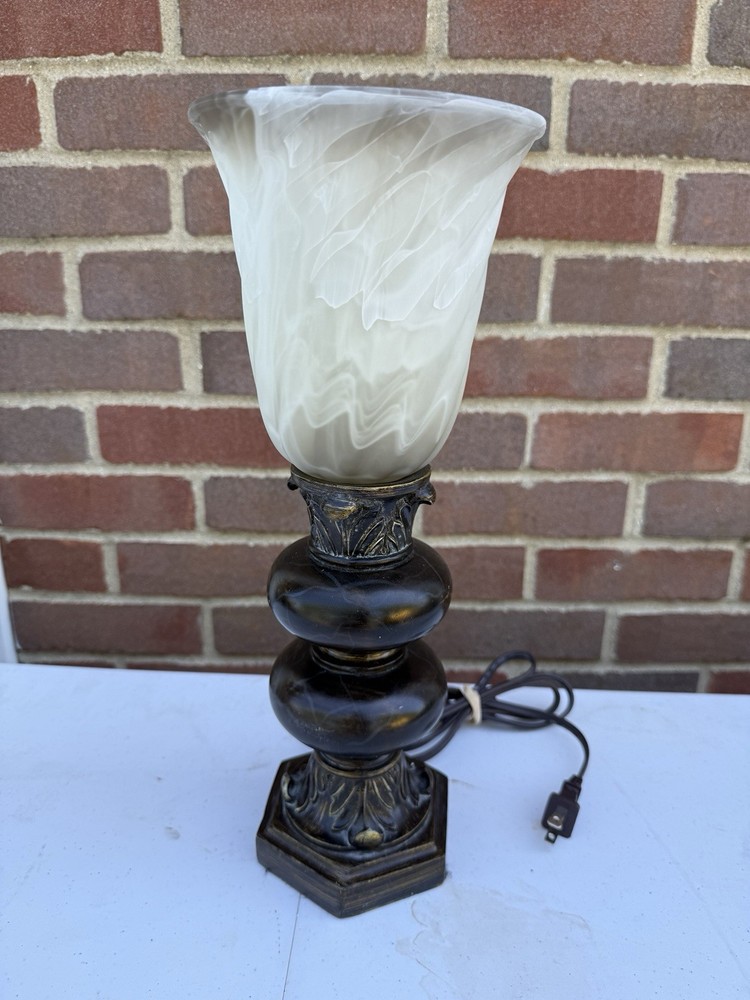 Vintage Alabaster Style Glass Swirl Accent Lamp Faux Bronze Hexagonal Base 15”