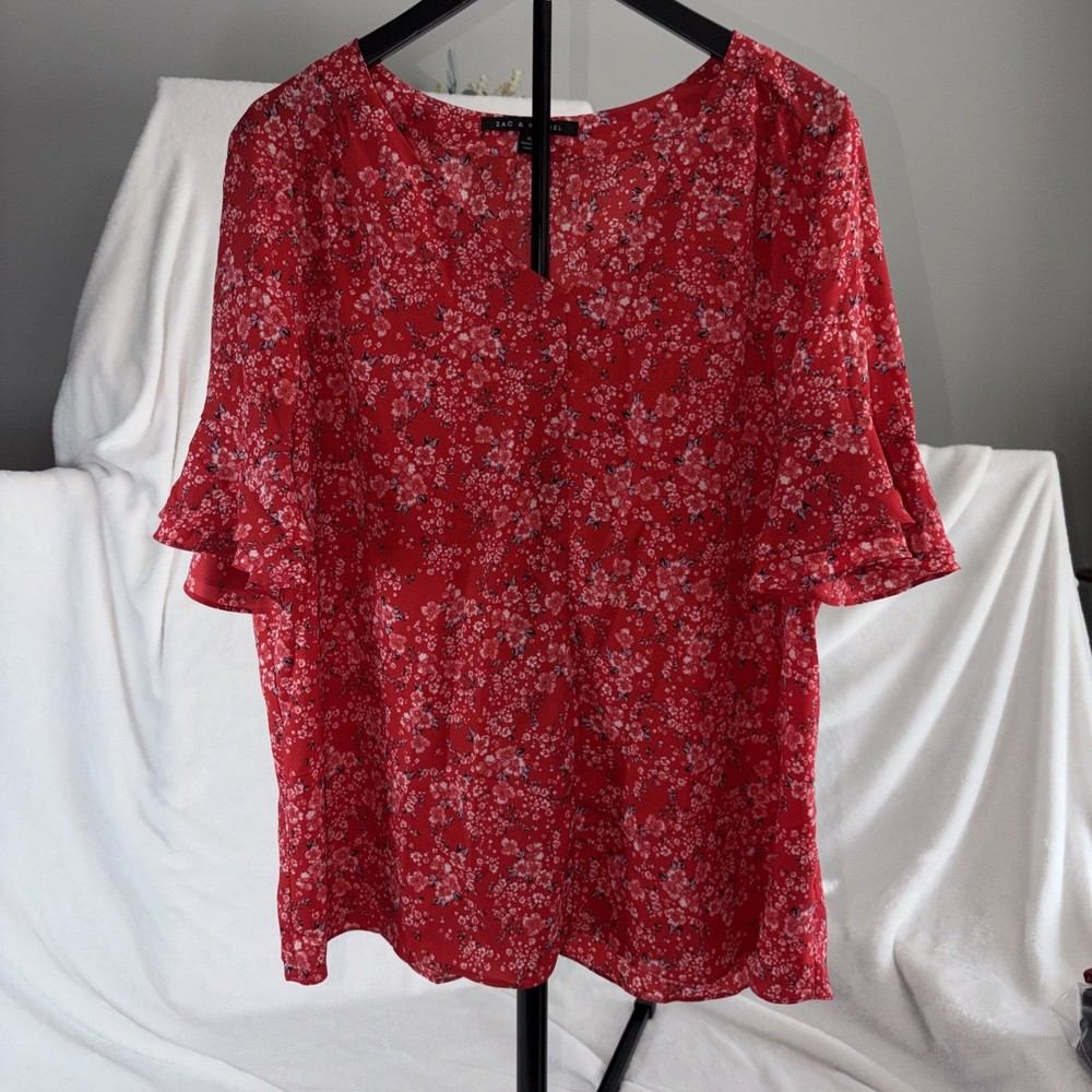 Zac & Rachel Red Ditsy Floral V-Neck Blouse with Flutter Sleeves  XL Feminine