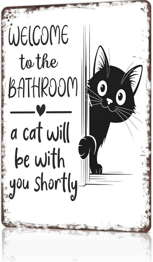 Vintage Cat Bathroom Sign, Funny Metal Wall Art 