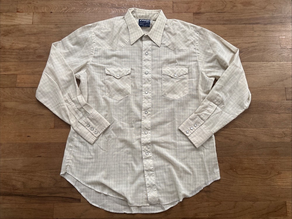 VTG Wrangler Pearl Snap Shirt Single Needle Tailoring Long Tails USA 17.5 35