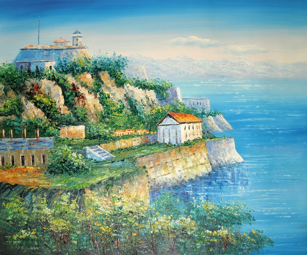 Village Seaside Landscape Ocean Oil Painting on Canvas - 24