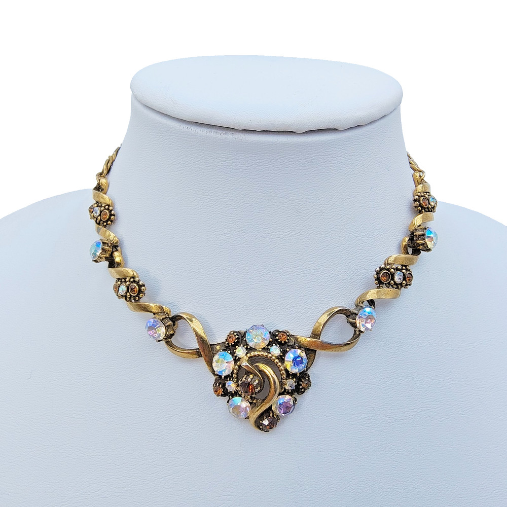 Vintage Florenza Victorian Style Choker Necklace Gold Tone AB Rhinestone Signed