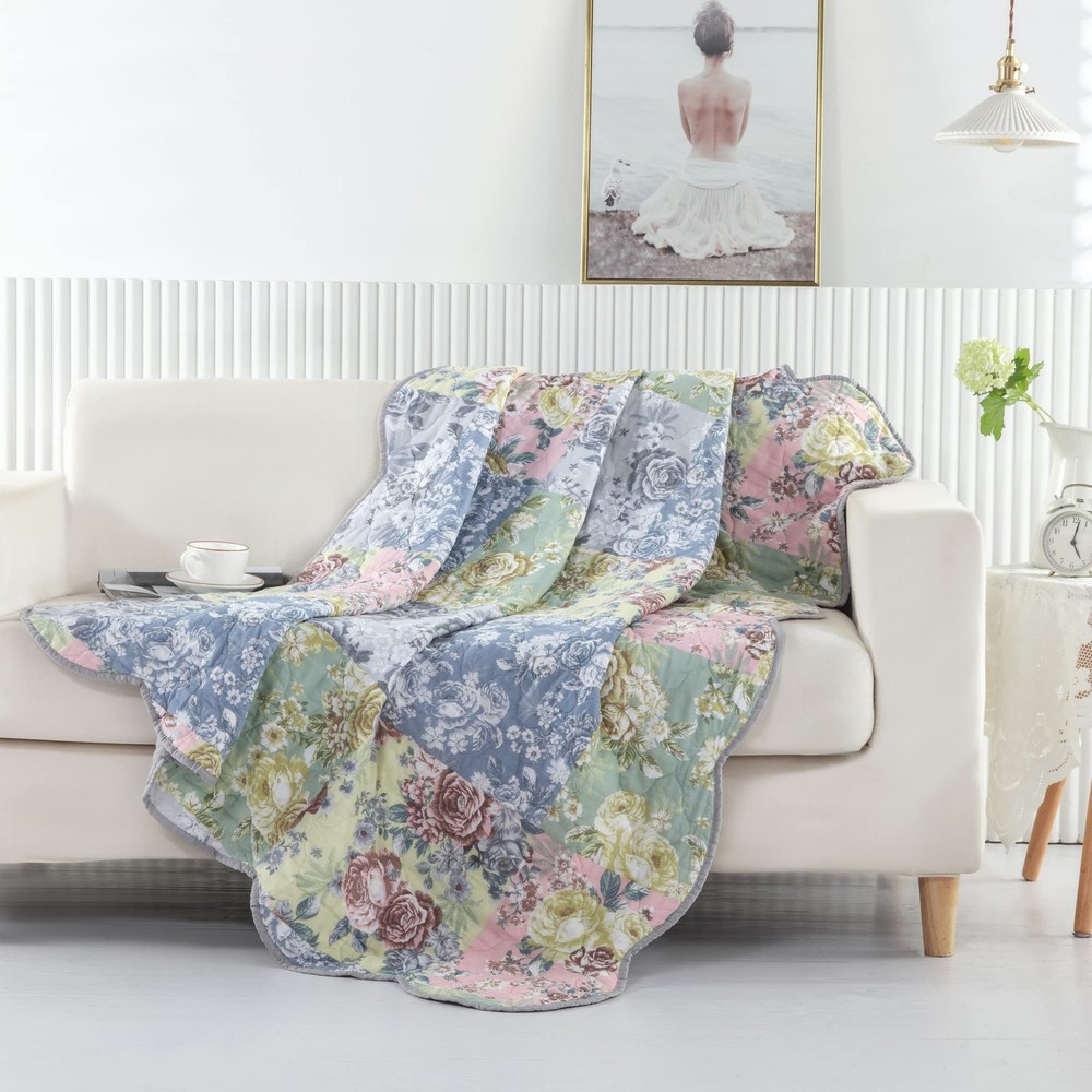 Emma Patchwork Floral Print Quilted Throw Blanket, 60x50-inch, Gray
