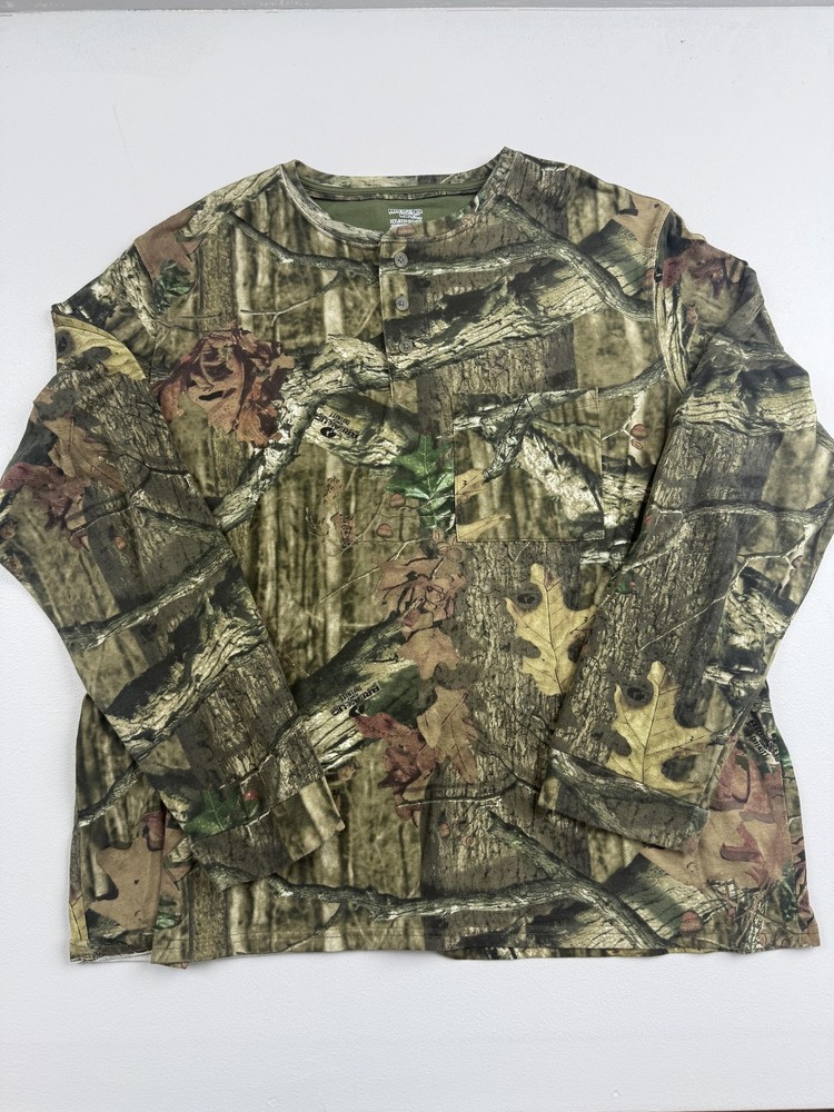 Mossy Oak Shirt Mens 3XL Green Camo Henley Long Sleeve Hunting Tee Tagless
