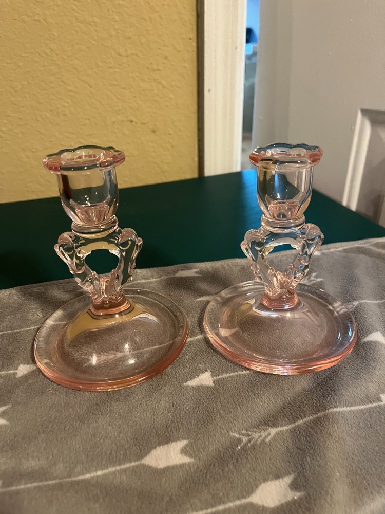 Clear Glass Pink Candle Holders, Scalloped Edge, Large Base! Set of 2!