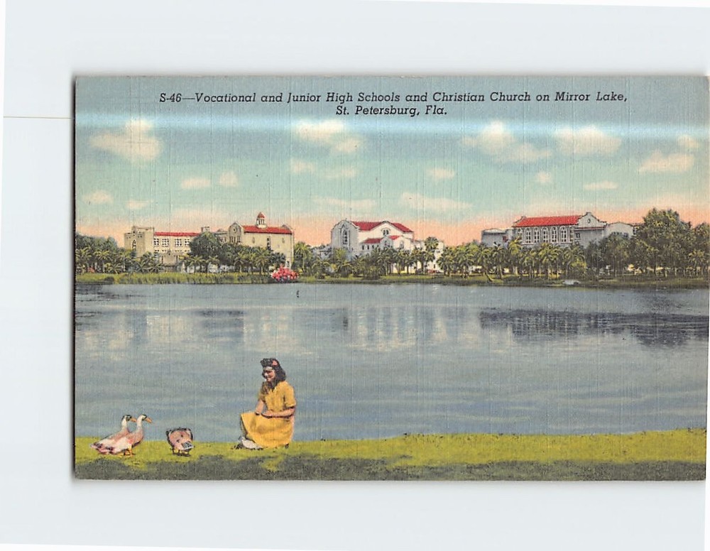 Postcard Vocational & Junior High Schools and Christians Church on Mirror Lake