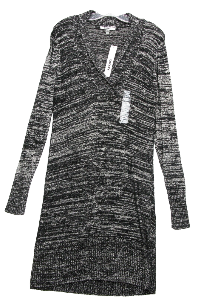 DKNY Black White Knit Long Winter Sweater DKNYC Office Casual Dress Small S NEW