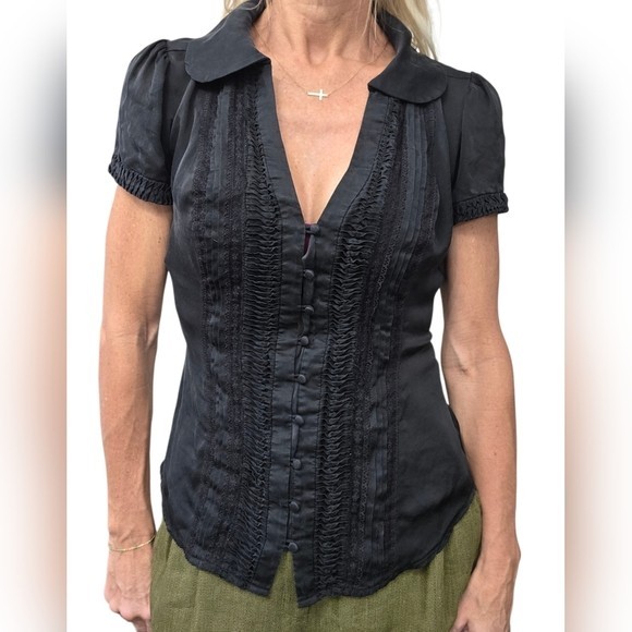 Vintage Y2K bebe 100% Silk Pintuck Smocked Blouse Women S