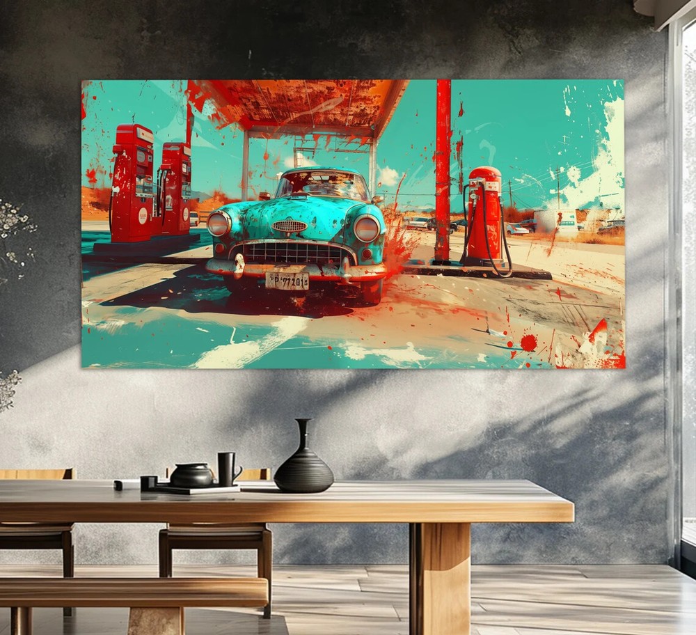 Retro Gas Station and Old Car Abstract Wall Art Canvas Unframed Print Art